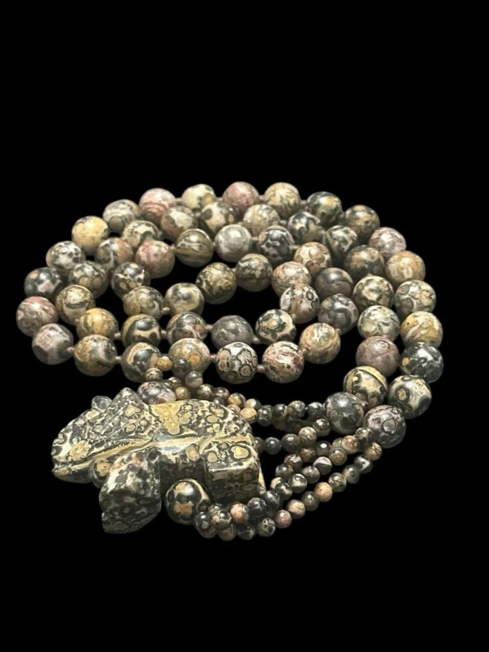 Jasper Necklace Carved Stone Elephant Trunk Up Knotted Bead Necklace Tribal 33